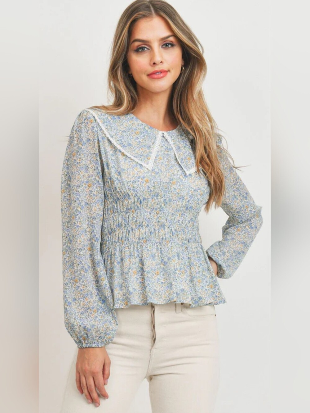NWT! Peter Pan Lace Collar Paper Crane Bell Sleeve Women's Fall Floral Top Small